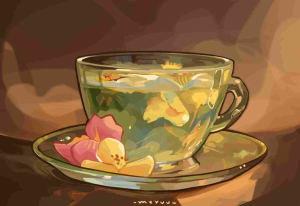 A cup of tea in digitalpainting with flowers.