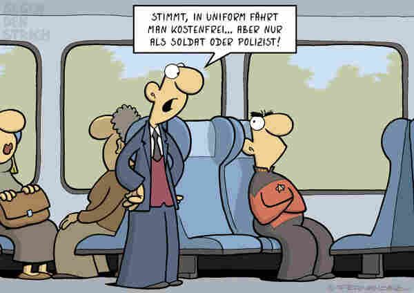 Cartoon: In der Bahn steht der Zugbegleiter vor einem Fahrgast und sagt: "Stimmt, in Uniform fährt man kostenfrei... Aber nur als Soldat oder Polizist!" Der Fahrgast trägt eine Uniform aus "Star Trek".