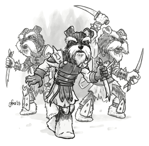 A pack of three bipedal dogs in armor with daggers, definitely looking to scrap.