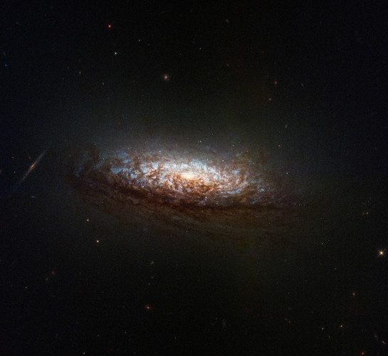 At center is a lenticular galaxy, tilted so that the disk-like galaxy forms an oval shape. The galaxy's orientation gives us a good view of the dust lanes from slightly above and backlit by the galaxy's core. This dust absorbs light from the core, reddening it and making the dust appear rusty-brown. The core itself glows brightly in a yellowish light. Brilliant-blue regions sparkle through the dust. Several background galaxies also are visible, including an edge-on spiral to the left.