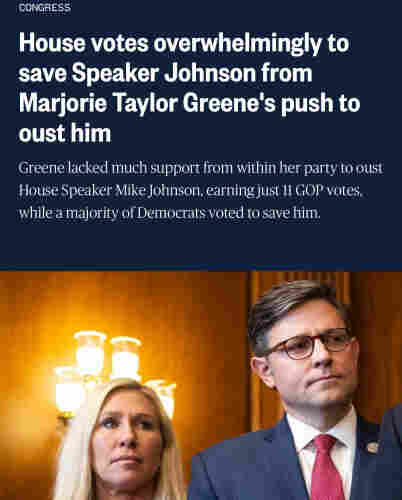Headline House votes overwhelmingly to save Speaker Johnson from Marjorie Taylor Greene's push to oust him

Suck a dick you Neanderthal dunce