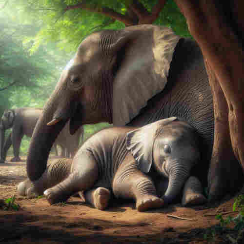 «Create by Bing Image Creator»
(Photo of a baby elephant dozing off leaning against its mother), shade of a tree in early summer, soft focus, wide shot