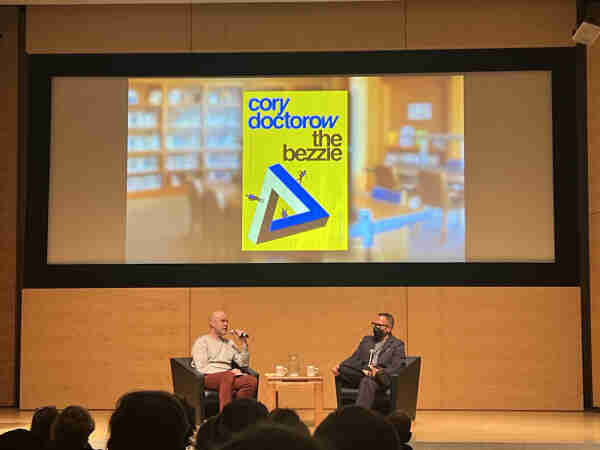 Cory Doctorow discussing his new book The Bezzle onstage at the SF Library 3/13/24