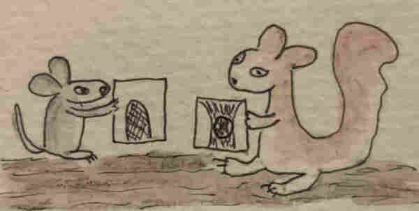 A drawing of a mouse on the left and a squirrel on the right holding picture frames with images of the entrances to their respective homes.