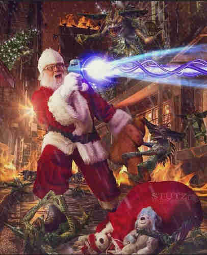 An illustration of Santa Claus in a battle stance wielding a toy gun that emits a blue energy beam, surrounded by gremlins, with a bag of toys nearby in a fiery, festive urban setting.