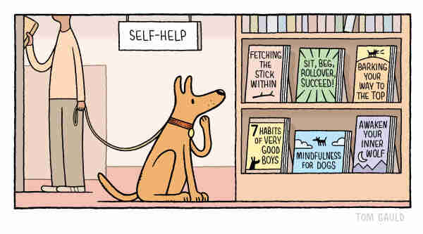 A Tom Gauld cartoon of a dog contemplating the canine self help section of a bookstore. Titles include Fetching the Stick Within and 7 Habits of Very Good Boys.  
