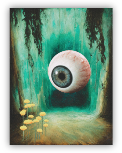 A surreal vision of a big eye looking at flowers.