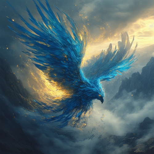A majestic, winged creature rises from a swirl of dark clouds, its feathers shimmering in blues and golds. Eyes aglow, it embodies determination and inner light. In the background, mist-shrouded mountains hint at overcome challenges. Delicate, glowing vines sprout from the ground, symbolizing growth and renewal.