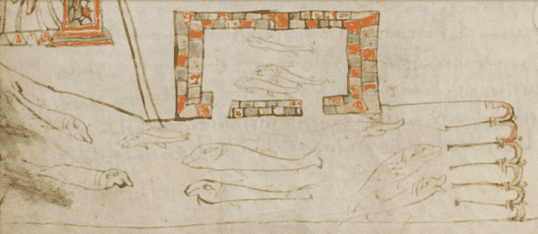 Section of a medieval manuscript drawing. Red and orange bricks form a rectangular pool in the centre middle, with ink-drawn fish swimming inside and larger ones below, within a longer horizontal rectangle representing the river.