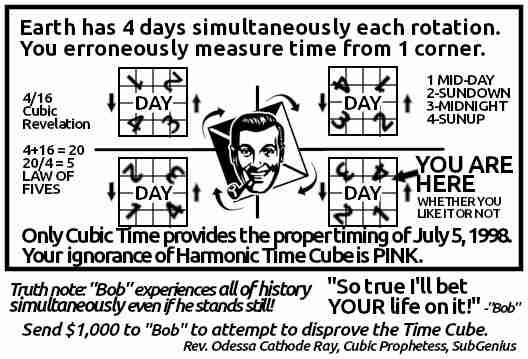 A graphic which attempts to explain how the Time Cube works.  It reads: 'Earth has 4 days simultaneously each rotation. You erroneously measure time from 1 corner. Truth note: Bob experiences all of history simultaneously, even if he stands still! Send $1,000 to Bob to attempt to disprove the Time Cube.' It is signed Rev. Odessa Cathode Ray, Cubic Prophet, SubGenius.