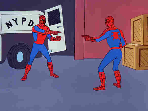 A screenshot from the 1960s Spider-Man cartoon of two Spider-Men pointing at each other