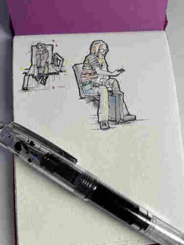 Picture of watercolour and ink sketches of bored people waiting at the airport. Fast drawing sketches, thumbnail size on a sketchbook with a fountain pen on top.
