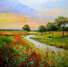 Paining of a landscape at sunset. There is a narrow light blue vertical river. The soil left and rigt of the river is covered with green grass. On the left are many red flowers. On the right are several green trees. The sky is yellow right above the horizon, with light blue clouds above that. 