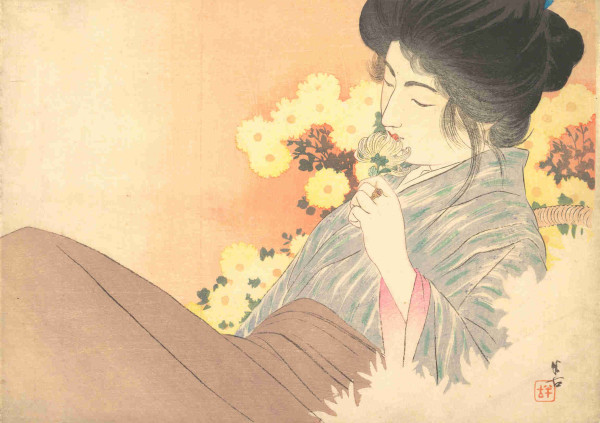 Woodblock print of a young Japanese woman in traditional attire reclining and holding a flower to her nose.