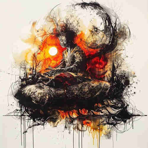 A highly stylized and abstract artwork that seems to convey the theme of sleepless nights. At the center is a figure seated in a meditative or contemplative pose, surrounded by a chaotic amalgam of lines, patterns, and splashes of ink and paint. The color palette is primarily black and white, with bold accents of red and orange, suggesting a state of unrest or agitation. The circular motions and smudges around the figure’s head could represent the swirling thoughts or the inability to find peace and stillness that often accompany sleeplessness. The backdrop features what appears to be a setting or rising sun, adding to the sense of passing time through the night. The overall composition is both beautiful and disquieting, embodying the complex emotions and turbulence of lying awake through the dark hours.