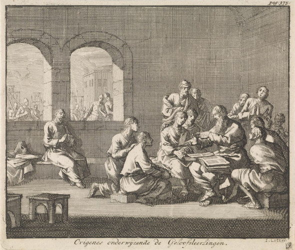 Church Father Origen teaches the catechism to a group of students. Book illustration for Arnold, Godfrey. True depiction of the first Christians. Amsterdam: Jacobus van Hardenberg, Barent Visscher and Jacobus van Nieuweveen, 1700, vol. 1, p. 375.