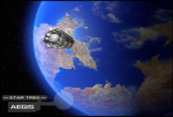 Starship Aegis, a Starfleet ship with a spherical primary hull in the fore and cylindrical engineering hull & nacelles, is contained within a skeletal orbital station.  The planet is in orbit of a blue-green planet not too dissimilar from Earth.  A logo in the shape of the Aegis is viewed in profile from its starboard side with "Star Trek Aegis" in white letters.
