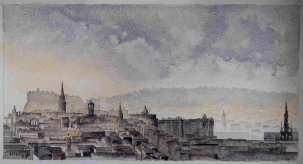 Watercolour. Edinburgh skyline at sunset - castle, spires, domes, monuments.