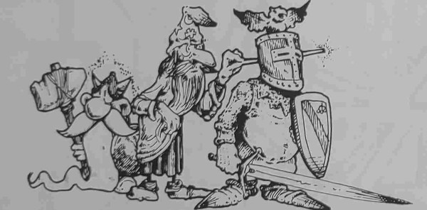 A wizard is checking a fighter's intelligence by running his wand through the fighter's helmet. A gnome with an axe watches their backs.
