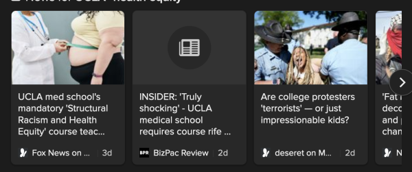 Duck Duck Go insert window of "news" stories on a search about UCLA and "health equity". A stock photo of a thin white-coated medical person wearing a stethoscope and using a measuring tape to measure the bare pale flesh of a fat woman is over the Fox News headline "UCLA med school's mandatory 'Structural Racism and Health Equity' course teac..." A blank icon over a headline from BizPac Review "INSIDER: 'Truly shocking' - UCLA medical school requires course rife...". A photo of two cops wearing campaign hats and a person with blond long hair and pale skin yelling as they're grabbed by the cops is over a Deseret News headline "Are college protesters 'terrorists' - or just impressionable kids?"."