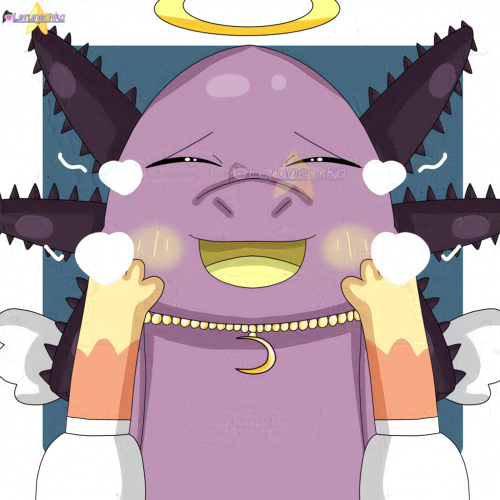 A drawing of a purple axolotl with small white wings and yellow angel halo, wearing a golden crescent necklace, getting his cheeks squished by an animal with orange paws with yellow markings. White background with dark blue square.