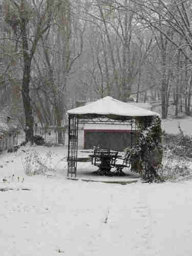 A view of my back yard (garden) during a heavy snowfall. The ground is covered with snow. There is a metal gazebo whose canvas roof is covered in snow. The background is a wooded hillside, with snow blanketing the trees. The sky is a lead/white gray.