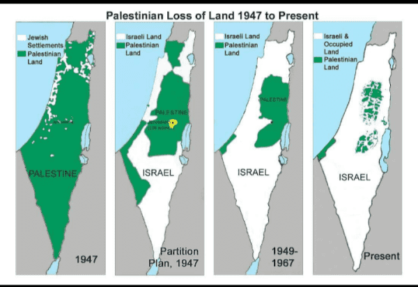 4 pictures depicting Palestine from 1947 to present.

Pic 1 - in 1947, 98% of land is Palestine.

Pic 2 - after partition in 1947, 50% of land is Palestine, 50% is Israel.

Pic 3 - 1949 to 1967, 70% of land is Israel, 30% is Palestine.

Pic 4 - 90% of land is Israel, 10% is Palestine.