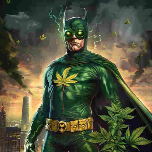 A superhero with a striking resemblance to a well-known caped crusader, but with a distinctive twist. He’s clad in a green suit emblazoned with a large leaf emblem on the chest, akin to a cannabis leaf. His mask is also green and is fitted with glowing green lenses. A subtle pattern of similar leaves is etched into his costume, and his utility belt bears a symbol that mirrors the leaf motif.

Behind him, a stormy sky is alight with flashes of lightning, giving the scene a dramatic backdrop. Leaves that match the emblem on his suit are scattered in the air around him, suggesting his unique connection to the theme. The skyline of a city is visible below, hinting at the urban setting in which this character operates. The overall impression is that of a traditional superhero narrative, yet with an unconventional symbol that suggests a different sort of crusade, possibly one related to the legalization or cultural acceptance of cannabis. The artwork is rendered in high detail with dynamic lighting, adding a sense of depth and intensity to the character’s presence.