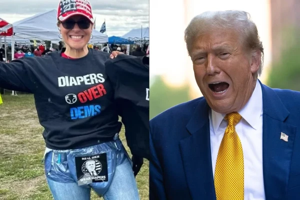 A Trump supporter wearing a shirt that says "Diapers over Dems"