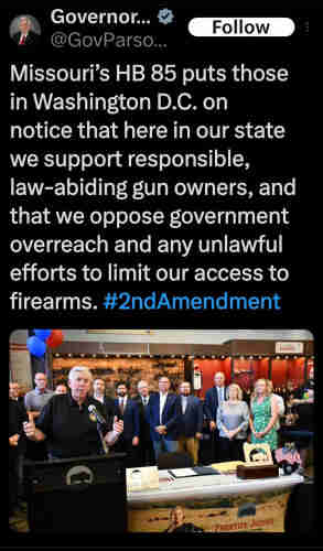 Missouri’s HB 85 puts those in Washington D.C. on notice that here in our state we support responsible, law-abiding gun owners, and that we oppose government overreach and any unlawful efforts to limit our access to firearms. #2ndAmendment