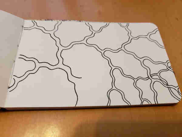 In progress line drawing of a branching fractal, in ink on an open page of my sketchbook. The abstract pattern looks a bit like a branching tree.