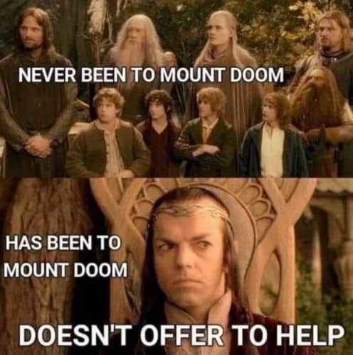 (The Fellowship of the Ring characters) NEVER BEEN TO MOUNT DOOM (Elrond looking sideways) HAS BEEN TO MOUNT DOOM - DOESN'T OFFER TO HELP