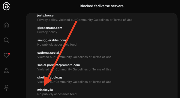 misskey.io, the biggest instance of misskey, on threads block list