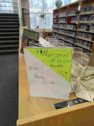 Plastic display stand. In it is a sheet of paper. Top corner of the paper is bright green and reads "national frog month." There are little decorative flourishes like circles and stars. The rest of the paper is plain white and reads "Also: poetry month."