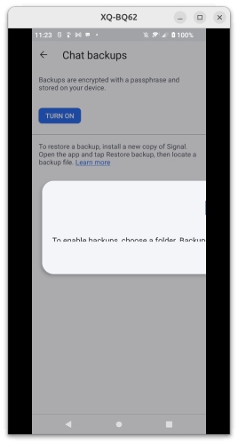 Chat backups
Backups are encrypted with a passphrase and stored on your device.

TURN ON

Underneath this is a white box partially offscreen, with truncated, illegible text reading "To enable backups, choose a folder. Backup". There are no interactive elements.