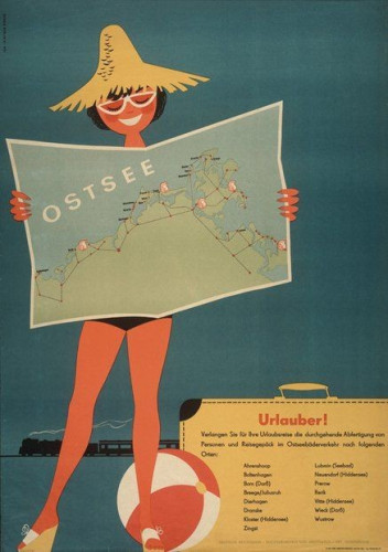 Vintage travel poster (provenance unknown - possibly DDR) of a woman in a straw hat looking at a map showing destinations in Northern Germany. There is text panel in German by her left foot that I can't read or translate 