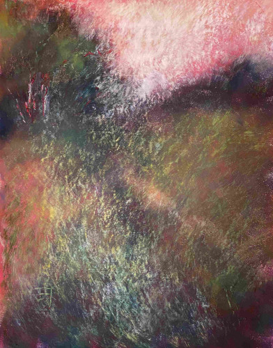 A very abstracted landscape painting. Pink sky, Trees afar are in the misty lights. Grasses by the path are lit by the dim sunlight. Textured.