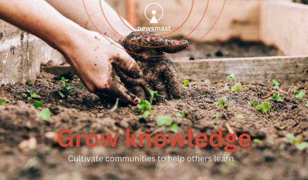 Text: Grow knowledge. Cultivate Communities to help others learn.

Image: Muddy hands gently placing a small plant into soil.