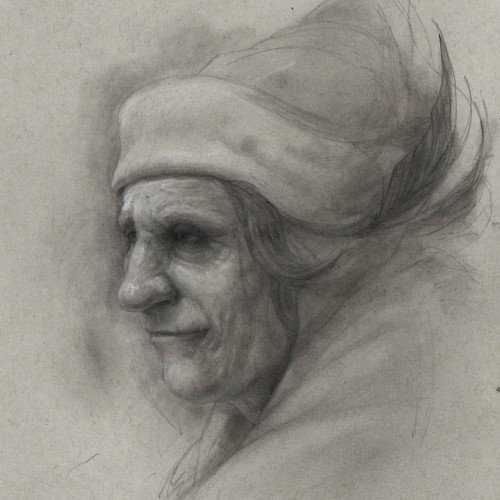 Three quarter pencil portrait of an old woman with a slight smile. She has a headscarf and a big nose.
