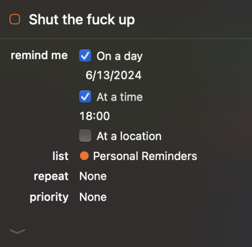 A Fantastical screenshot of a "Shut the fuck up" reminder at 6pm on 2024-06-13.