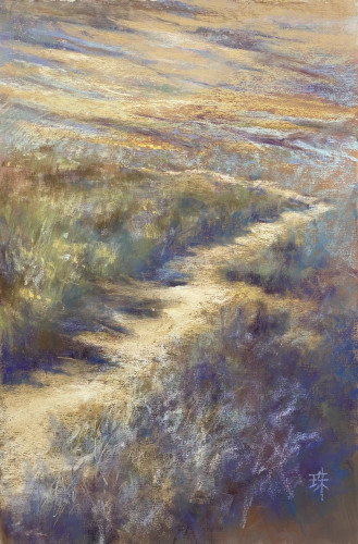 A vertical landscape pastel painting of a dirt path among sagebrushes. No sky in this composition. Just dry, solitary land. 