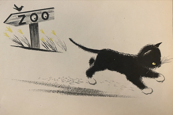 Simple illustration of a shorthaired black tuxedo kitten with yellow eyes, running away from a sign that indicates a zoo is in the opposite direction. A little bird sits on the sign.