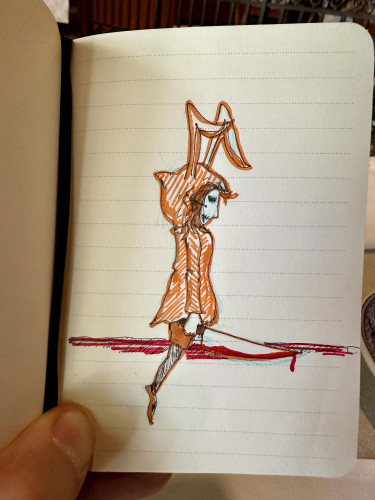 Drawing of a girl in a bunny hoodie, hovering above the ground and holding a huge vorpal knife 

Zeichnung eines Mädchens in einem Hasen-Hoodie, das über dem Boden schwebt und ein riesiges Vorpalmesser hält