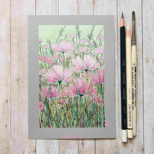 Original drawing - A Patch of Pink Cosmos
A drawing of a flowerbed filled with pink cosmos. The palette for this artwork is mostly green and pink. 
Materials: colour pencil, mixed media, acid free grey pastel paper
Width: 5 inches
Height: 7 inches