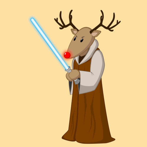 Digital illustration of Rudolf the red nosed reindeer dressed as a Jedi and wielding a lightsaber 
