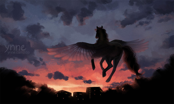A digital painting of pegasus flying towards a sunset in distance. The background consists of grey and pink clouds and house and tree silhouettes at the bottom.