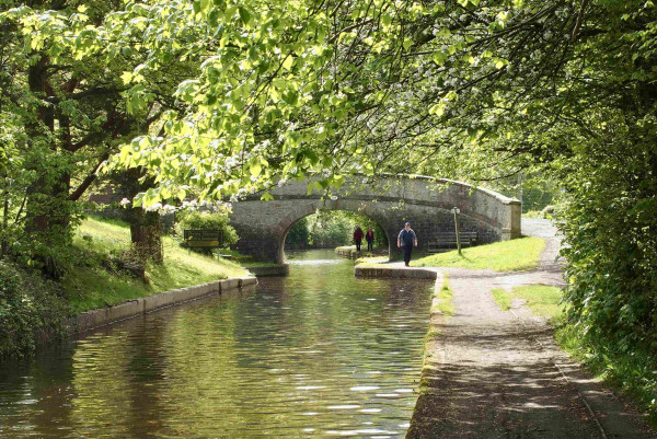 Shaded portion of canal, leafy trees overhanging and casting a dappled light. Small arched stone bridge ahead, canal path to right