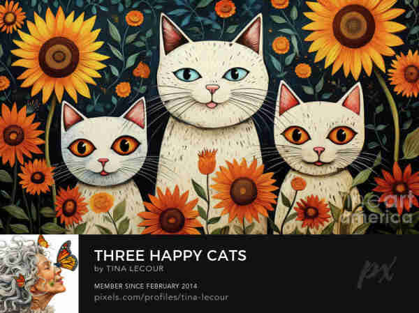 This is a whimsical painting of three adorable happy white cats standing in some sunflowers.