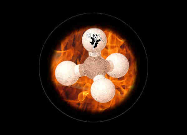 A hydrocarbon molecule as seen through a microscope eyepiece. The molecule is set on a flaming backdrop. Dancing atop the molecule is a Rich Uncle Pennybags figure from the game Monopoly. He has removed his face to reveal a grinning skull.