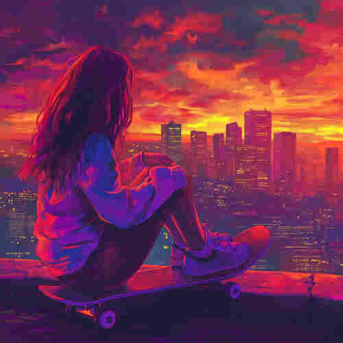 A vibrant digital illustration of a girl with long hair sitting on her skateboard. She’s perched on a high vantage point, perhaps a hill or building ledge, overlooking a city skyline during sunset. The sky is a vivid canvas of purple, orange, and pink hues, with dramatic clouds reflecting the sun’s warm glow. The city below is cast in silhouette with twinkling lights, indicating early evening. The girl, seen from behind, gazes at the scene, her figure bathed in the colorful light. Her casual pose and the skateboard suggest a moment of relaxed contemplation amid the urban environment.